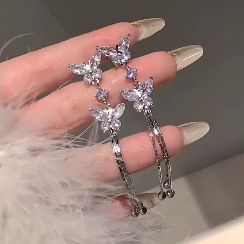 Sweet Diamond Butterfly Long Chain Tassel Earrings - Picture 5 of 6